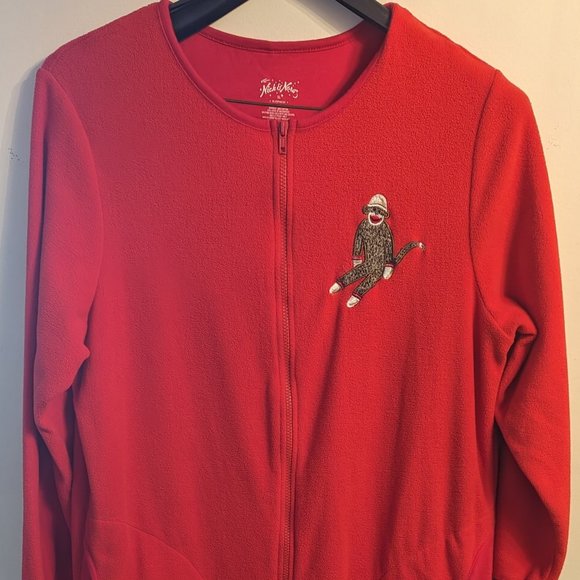 Red Fleece Sock Monkey Footed Onesie pajamas - Picture 1 of 4
